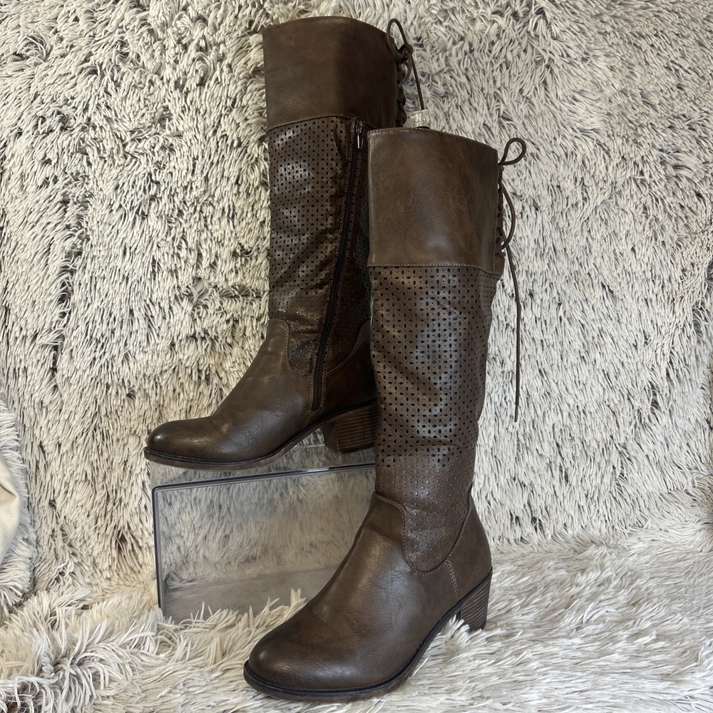 Tall‎ Brown Faux Leather Boots Geometric Lazer Cutouts Romantic Corset Tie Sz 10